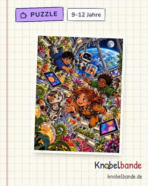 Puzzle „Schwerelos in der Raumstation“ für Kinder ab 9, schwer, zum Ausdrucken