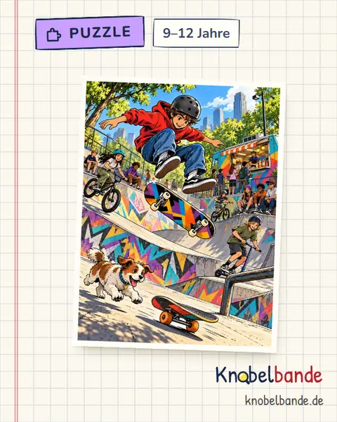 Puzzle „Sprung im Skatepark“ für Kinder ab 9, mittel, zum Ausdrucken