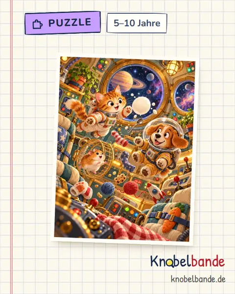 Puzzle „Tiere im Raumschiff“ für Kinder ab 5, mittel, zum Ausdrucken