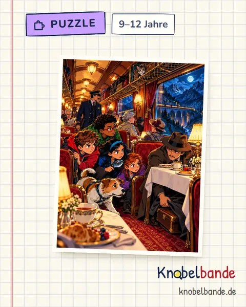 Puzzle „Verdacht im Nachtzug“ für Kinder ab 9, schwer, zum Ausdrucken