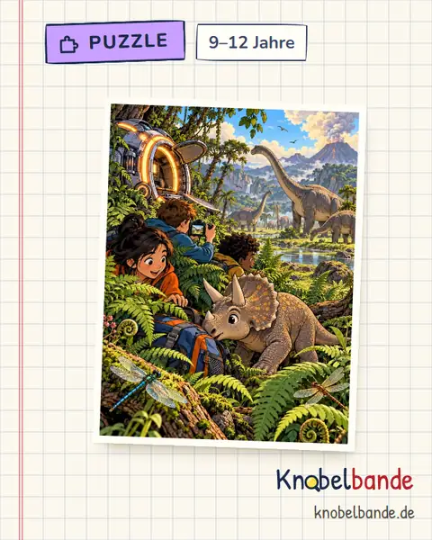 Puzzle „Zeitreise zu den Dinosauriern“ für Kinder ab 9, mittel, zum Ausdrucken