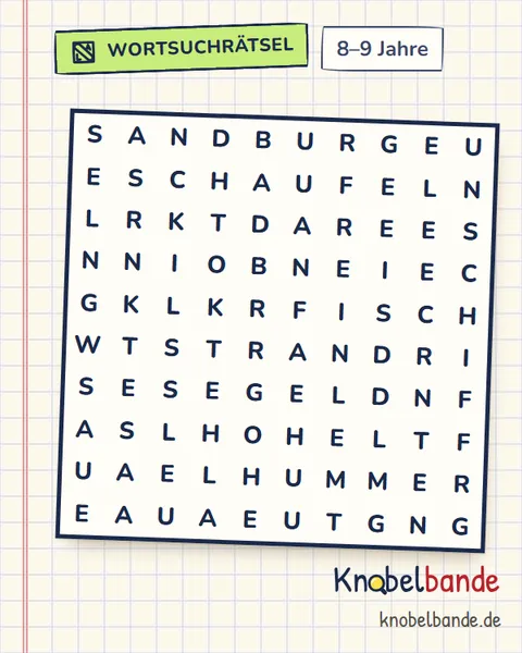 Wortsuchrätsel „Am Meer“ für Kinder ab 8, mittel, zum Ausdrucken