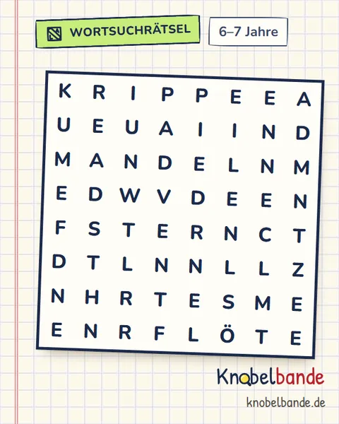 Wortsuchrätsel „Weihnachten“ für Kinder ab 6, leicht, zum Ausdrucken