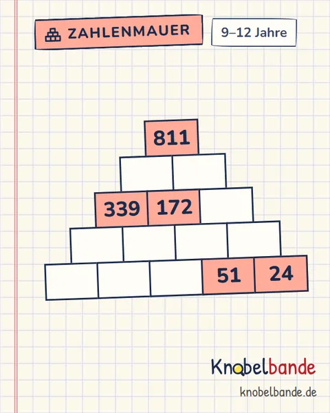 Zahlenmauer Nr. 42 für Kinder ab 9, schwer, zum Ausdrucken