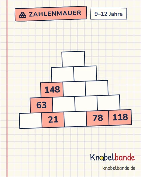Zahlenmauer Nr. 43 für Kinder ab 9, schwer, zum Ausdrucken